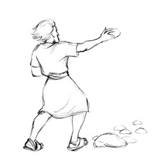 Pencil drawing. Man throw a big stone