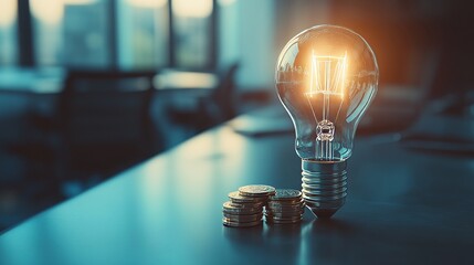 An electric bulb is next to a lit gas cooker with coins next to it. There is an increase in the cost of energy and gas.