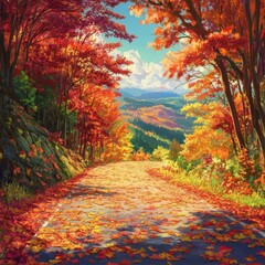 Fototapeta premium Autumn's Whispering Path: anime-style Enchanted Forest Trail Covered in Fall Foliage, Ideal for Travel Posters and Chongyang Festival Celebrations,Anime-Style,illustration,Picture BooksFor Poster,Nove