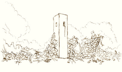 Pencil drawing. The Fall of the Walls of Jericho