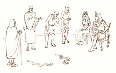 Moses and Aaron before Pharaoh. Pencil drawing