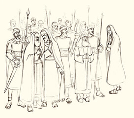 Pharisees and high priests with soldiers in Gethsemane. Pencil drawing