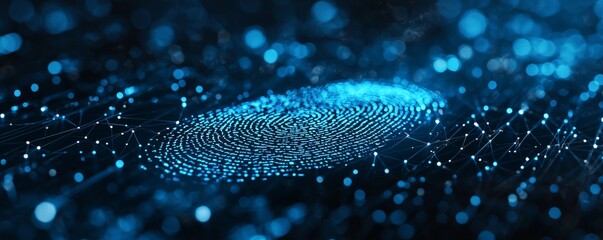 Digital wireframe illustration of a fingerprint scanner in blue tone with network connections