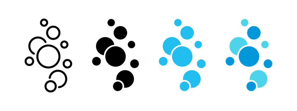 Water bubbles icon set. Blue air bubbles vector illustration. Soap foam symbol. Clear fizzy soda drops sign. Group of blue spheres oxygen collection. Bathing concept.