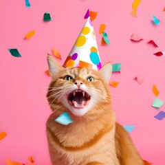Fototapeta premium Adorable Birthday Cat with Party Hat and Confettis - Perfect for Kids' Parties, Celebrations, and Fun Decor 