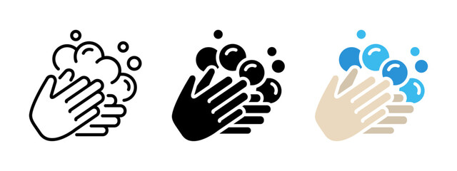 Hand washing with foam icon. Hands wash with soap bubbles vector illustration. Personal hygiene symbol. Antibacterial antiseptic prevention sign. Sanitary protection pictogram. Clean palm concept.