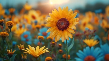 Sunlit Field of Yellow and Blue Flowers