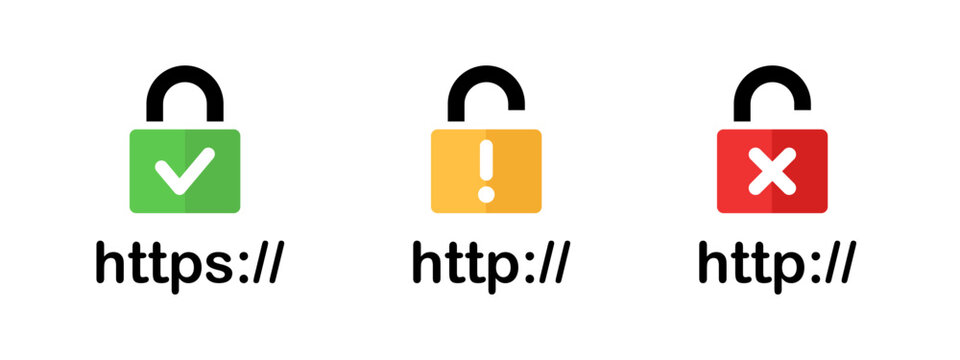 Domain security padlock icon. HTTPS and HTTP network privacy status. Web browser encryption protection symbol. SSL certificate sign. Insecure server connection vector illustration. Website URL status.