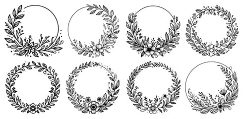 Fototapeta premium collection of decorative wreath illustrations in monochrome
