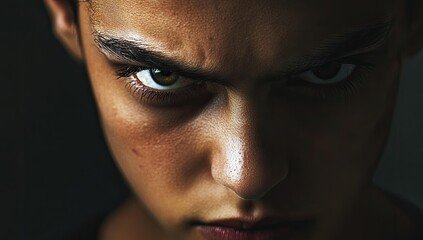 A woman's close up with an angry stare.
