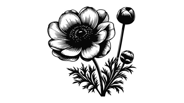 black and white anemone flower botanical drawing clip art preview