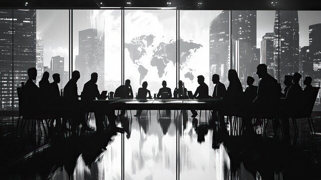 Business Executives Meeting in a Corporate Boardroom. Black and white silhouette. AI generated image