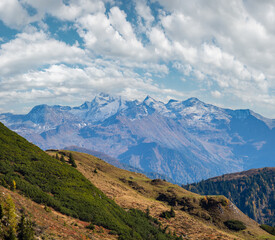 Peaceful autumn Alps mountain sunny view from hiking path from Dorfgastein to Paarseen lakes, Land Salzburg, Austria.
