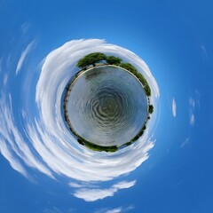 Little planet transformation of spherical panorama 360 degrees. Spherical abstract aerial view in blue sky with white clouds. Curvature of space.