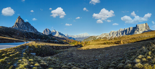 Fototapeta premium Mountain sunny evening peaceful view from Giau Pass.