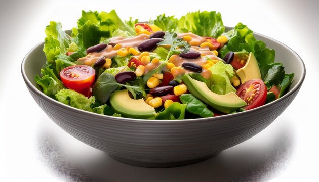 A bowl filled with romaine lettuce, black beans, corn, diced tomatoes, avocado, and a cilant