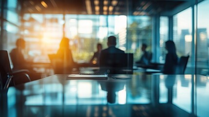 Blurred silhouettes of business people in a modern office setting with sunlight filtering through large windows. AI generated image