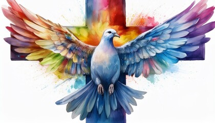 Fototapeta premium A rainbow-colored watercolor cross with subtle shading, featuring a graceful dove with open 