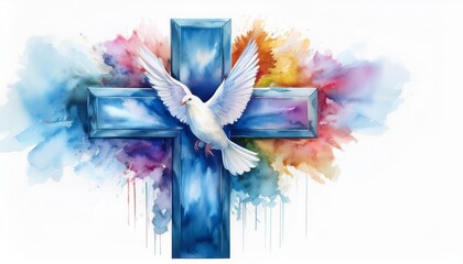 A vibrant watercolor Christian cross with soft pastel hues, a white dove of peace perched at
