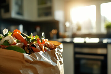 Paper bag full of bio waste sitting on a countertop in a modern kitchen, ready for composting