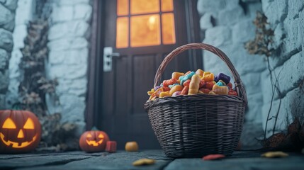 Halloween trick or treating basket full of candies standing near front door composition background