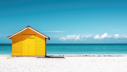 Yellow beach hut on a white sandy beach.