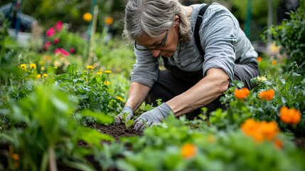 A person in their forties tending to a community garden. The image captures them deeply focused on planting, with dirt on their hands, surrounded by lush greenery and blooming flowers.
