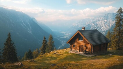 Fototapeta premium A wooden cabin sits on a mountainside overlooking a valley.