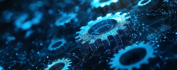 Wireframe gear system illustration showcasing interconnected machinery and technology