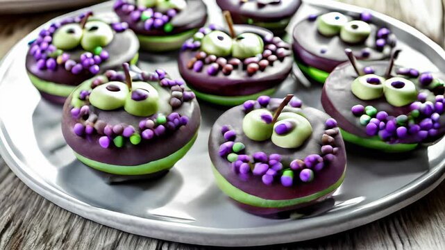 Plate of colorful, Halloween-themed treats with monster faces, creating a fun and festive atmosphere. Ideal for Halloween parties, festive decorations, and culinary projects