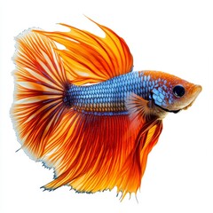 Fototapeta premium Vibrant blue and orange betta fish with flowing fins swimming against a clean white background.