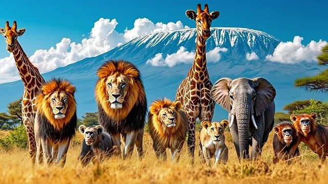 a large group of African creatures Giraffes, lions, elephants, monkeys, and other animals pose together with a mountain in the backdrop.