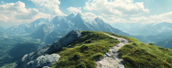 A breathtaking panoramic view of a serene alpine landscape with majestic mountains, clear blue sky, and lush green meadows.