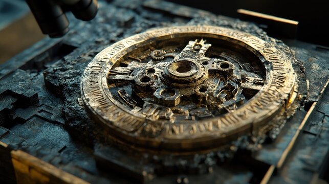 The Antikythera mechanism features elaborate gears and inscriptions, showcasing its complex design in an archaeological setting