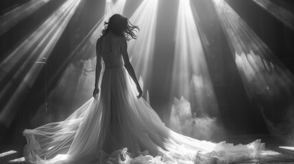 A Woman in a White Dress Standing in a Spotlight