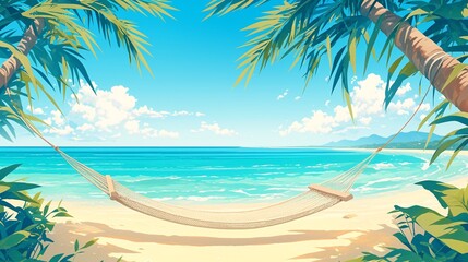 Obraz premium Relaxing Tropical Paradise - Hammock between Palm Trees on Tranquil Beach with Distant Mountains and Copy Space