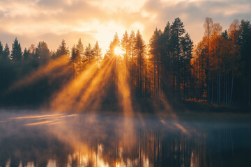 Fototapeta premium sunrise in the autumn forest, care for nature, ecologically clean air