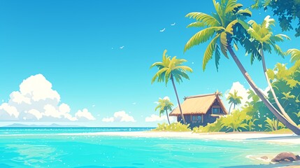 Tranquil Secluded Paradise Island with Thatched-Roof Bungalow and Palm Tree by the Ocean for Copy Space View