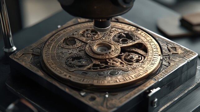 The intricate workings of the Antikythera mechanism are carefully analyzed under a microscope in a scholarly environment
