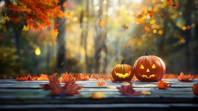 Two carved pumpkins glow warmly on a rustic wooden table, surrounded by vibrant autumn leaves. The background captures the essence of a magical fall evening with golden hues and a dreamy bokeh effect