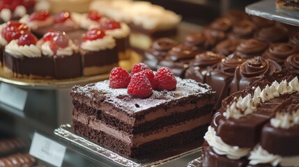 Chocolate cakes and pastries in cafe store showcase composition background 