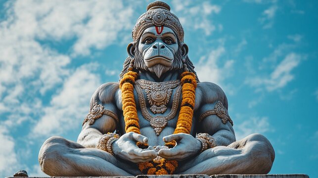 Majestic Hanuman Statue Towering Against Clear Blue Sky, Symbol of Strength and Grandeur with Copy Space Below