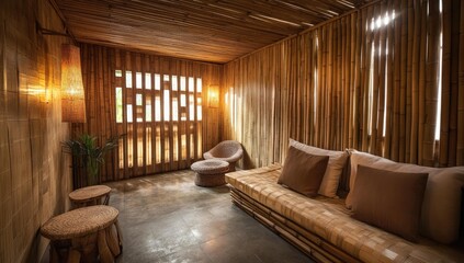 Bamboo room with couch, pillows and natural light.