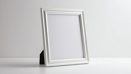 Unfilled photo frame on a white table, poised for a favorite photograph to be inserted. Generative AI