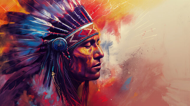 A vibrant, colorful painting of a Native American chief in profile, wearing a traditional headdress, blending realistic and abstract elements to convey cultural pride and heritage.