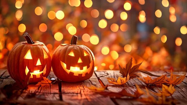 Two glowing Jack-o'-lanterns on a rustic wooden table with blurred warm lights in the background set a festive Halloween tone. Celebrate the harvest season with these spooky decorations
