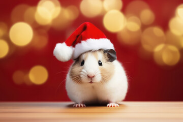 Rat or hamster in Santa hat. Greeting card.