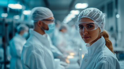 A team of scientists in a laboratory setting, with one woman in the foreground wearing protective gear, highlighting the collaborative nature of scientific research.