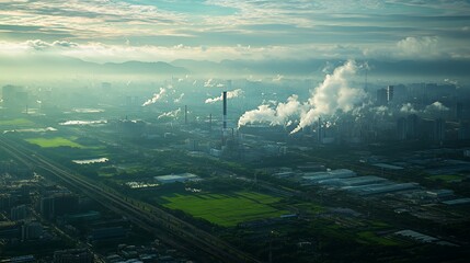 Fototapeta premium Aerial view of industrial complex with smoke stacks spewing pollution into the air, surrounded by green fields and trees.