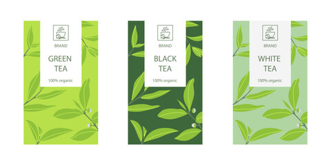 Vector set of design elements for tea packaging - white, black and green tea. Branding, packaging. Tea packaging sticker. Box design concept.